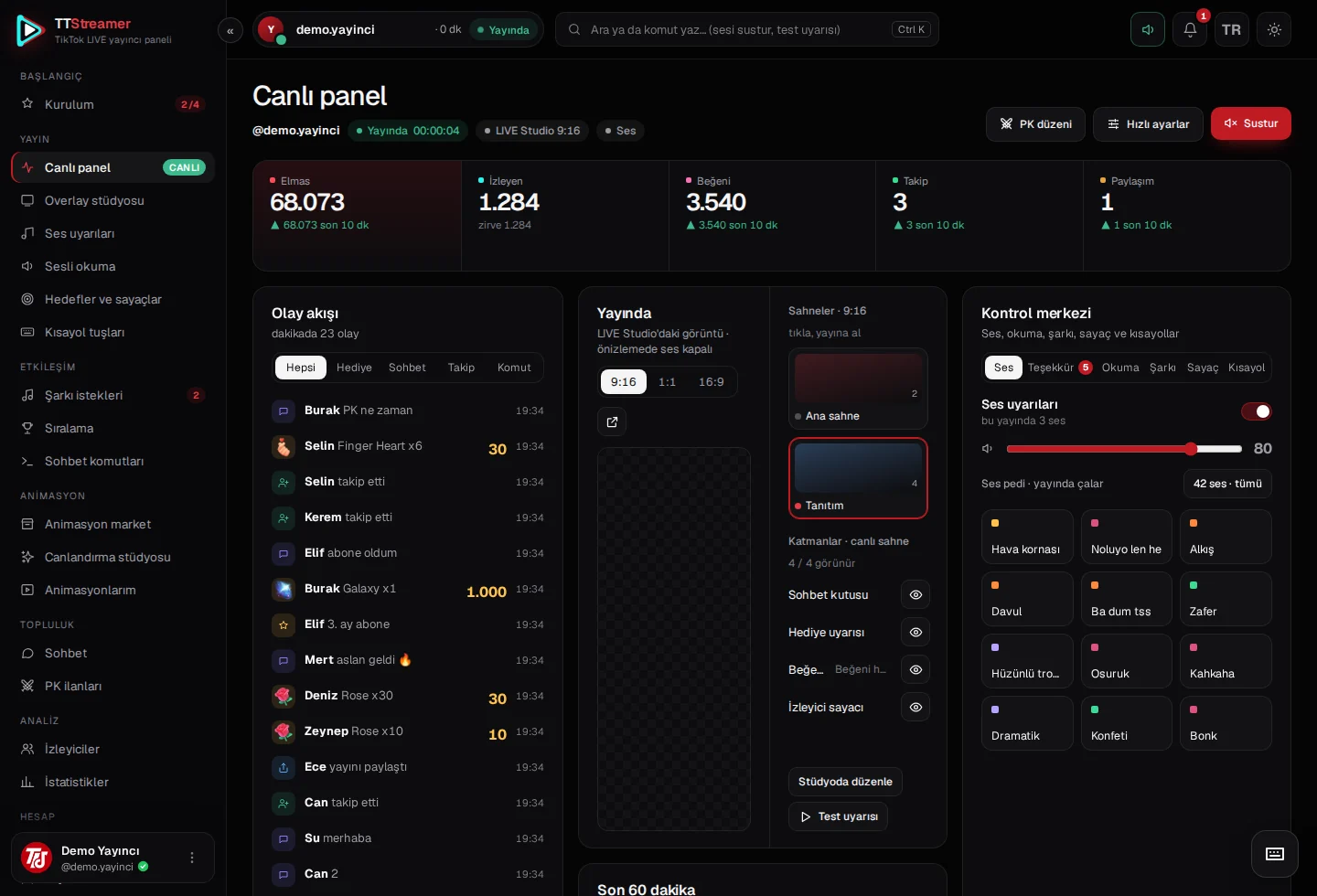 TTStreamer canlı panel: olay akışı, yayın önizlemesi ve kontrol merkezi